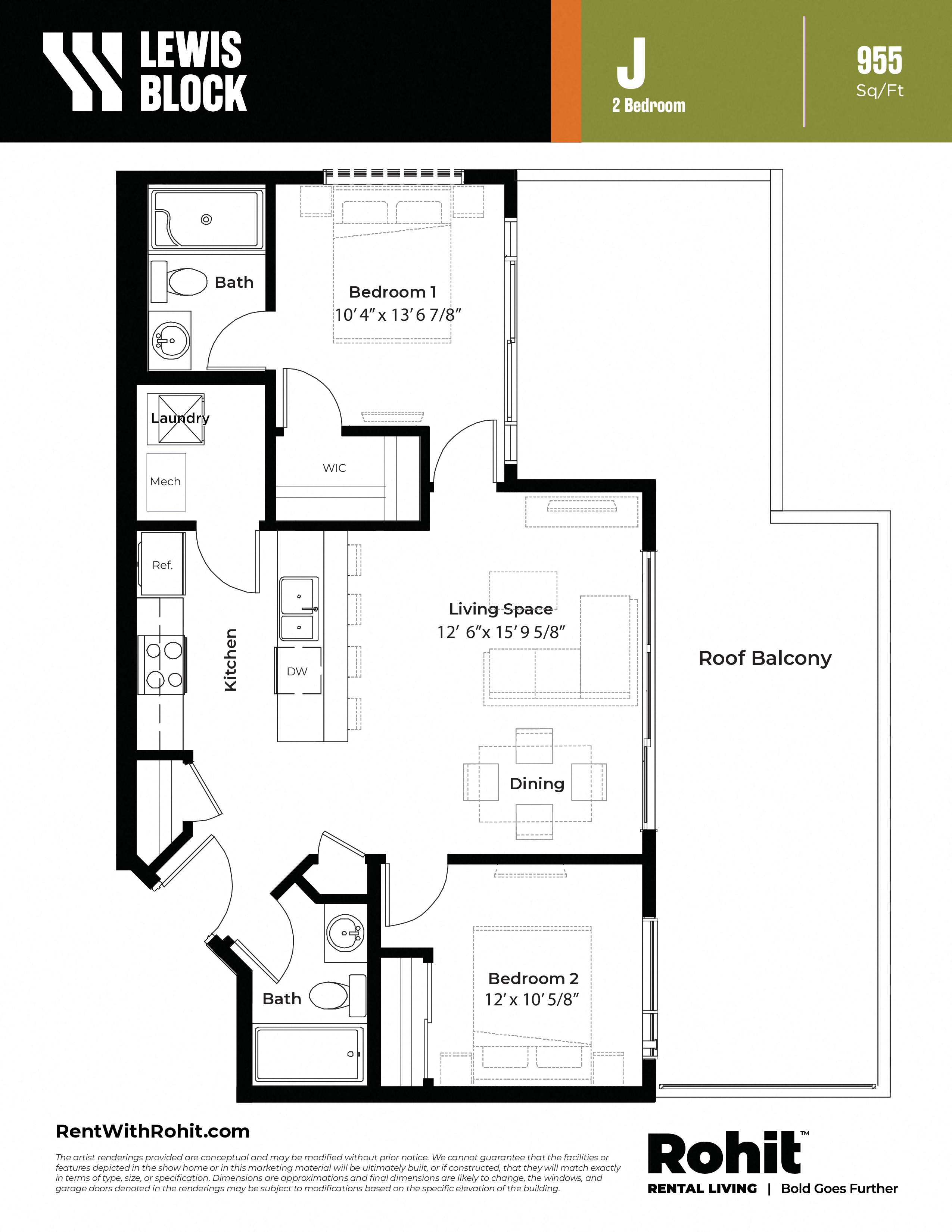 Floor plan for 2 beds, 2 baths, 955 sqft