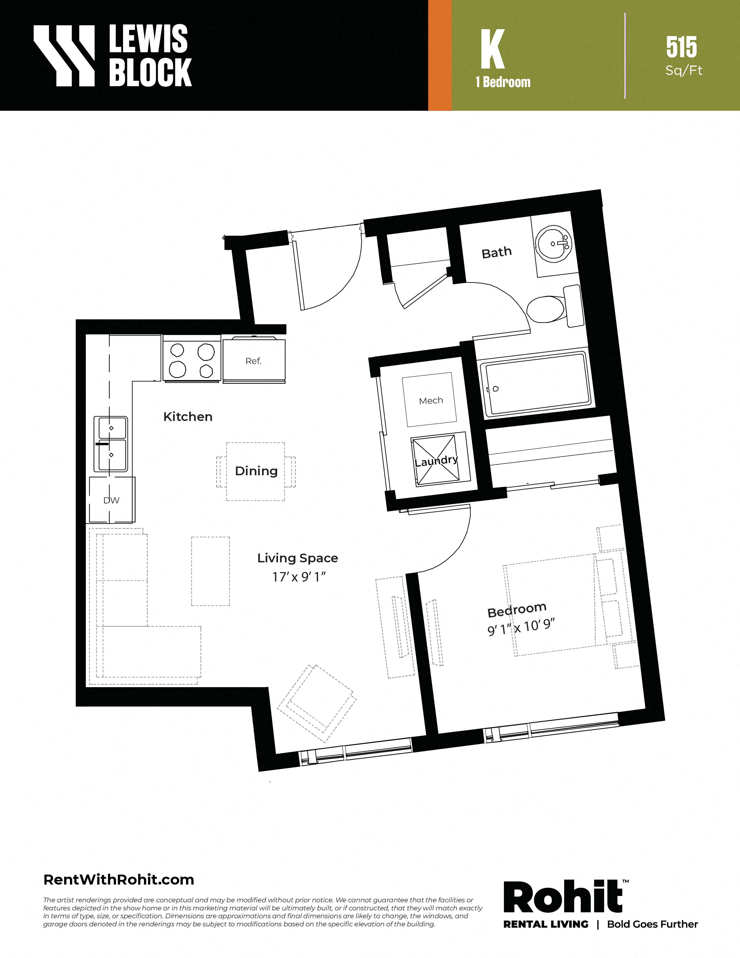 Floor plan for 1 bed, 1 bath, 515 sqft
