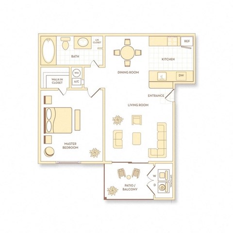 Floor plan for 1 bed, 1 bath, 638 sqft