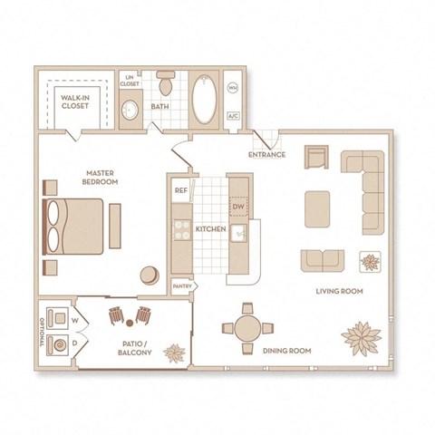 Floor plan for 1 bed, 1 bath, 763 sqft