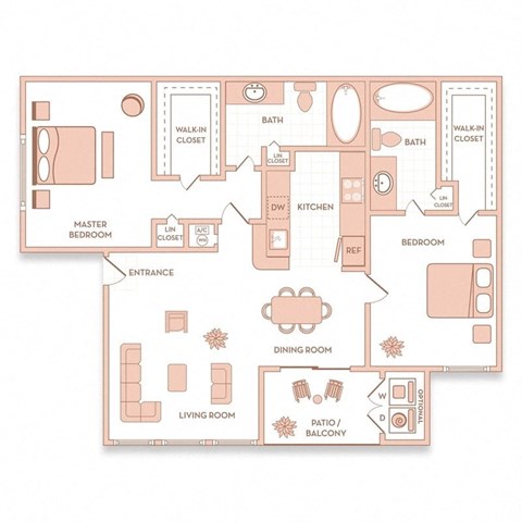 Floor plan for 2 beds, 2 baths, 1038 sqft
