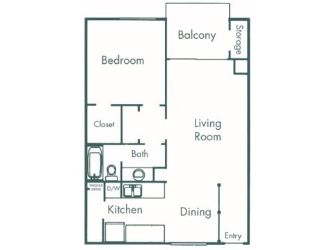 Floor plan for 1 bed, 1 bath, 709 sqft