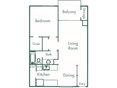 Floor plan for 1 bed, 1 bath, 719 sqft