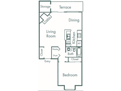 Floor plan for 1 bed, 1 bath, 734 sqft