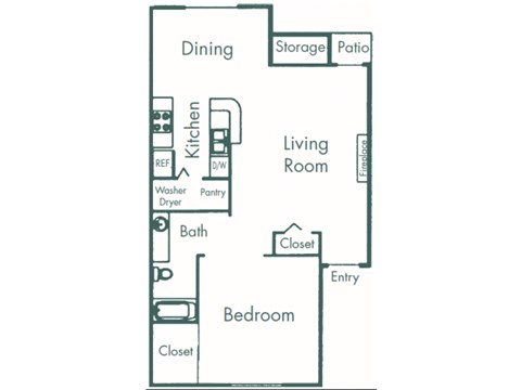 Floor plan for 1 bed, 1 bath, 777 sqft