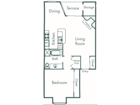 Floor plan for 1 bed, 1 bath, 806 sqft