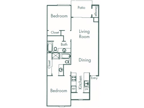 Floor plan for 2 beds, 2 baths, 987 sqft