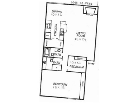 Floor plan for 2 beds, 2 baths, 1045 sqft