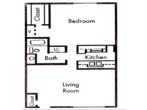 Floor plan for 1 bed, 1 bath, 662 sqft