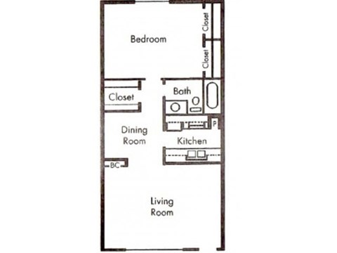 Floor plan for 1 bed, 1 bath, 702 sqft