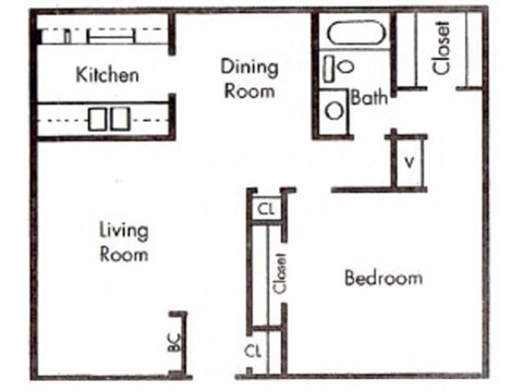 Floor plan for 1 bed, 1 bath, 750 sqft