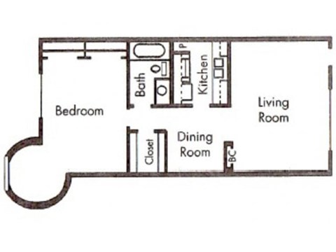 Floor plan for 1 bed, 1 bath, 761 sqft