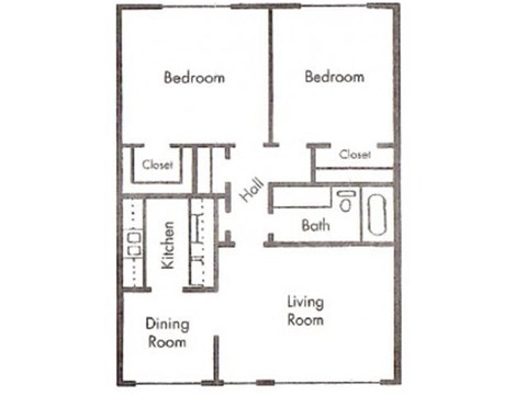 Floor plan for 2 beds, 1 bath, 804 sqft