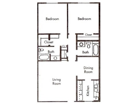 Floor plan for 2 beds, 2 baths, 1000 sqft