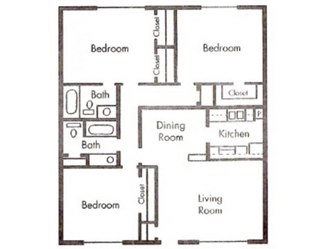 Floor plan for 3 beds, 2 baths, 1284 sqft