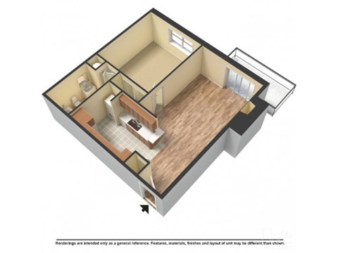 Floor plan for 1 bed, 1 bath, 578 sqft