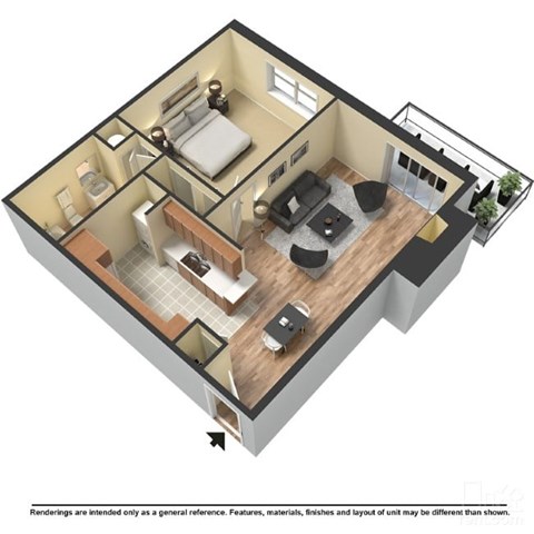 Floor plan for 1 bed, 1 bath, 578 sqft