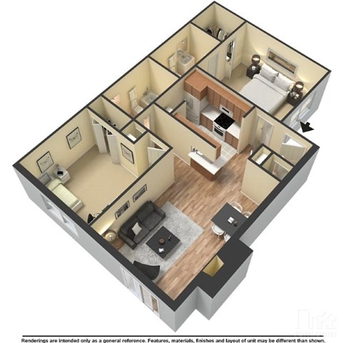 Floor plan for 2 beds, 2 baths, 817 sqft