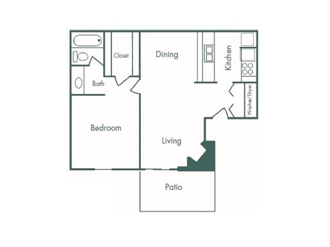 Floor plan for 1 bed, 1 bath, 683 sqft