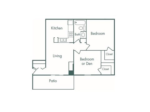 Floor plan for 2 beds, 1 bath, 830 sqft