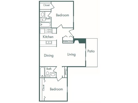Floor plan for 2 beds, 2 baths, 990 sqft