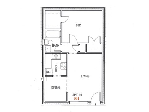 Floor plan for 1 bed, 1 bath, 650 sqft