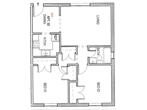 Floor plan for 2 beds, 1 bath, 800 sqft