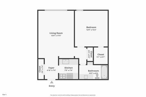 Floor plan for 1 bed, 1 bath, 676 sqft