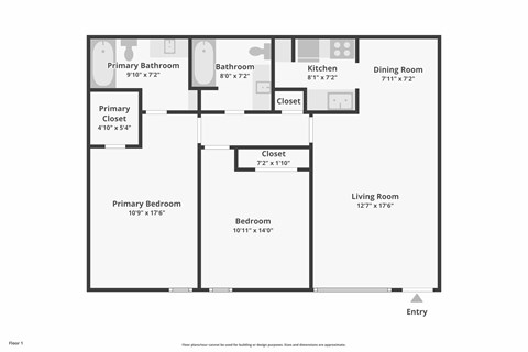 Floor plan for 2 beds, 1 bath, 936 sqft