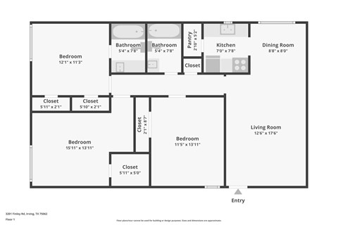 Floor plan for 2 beds, 2 baths, 936 sqft
