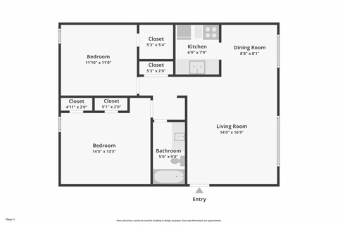 Floor plan for 3 beds, 2 baths, 1200 sqft