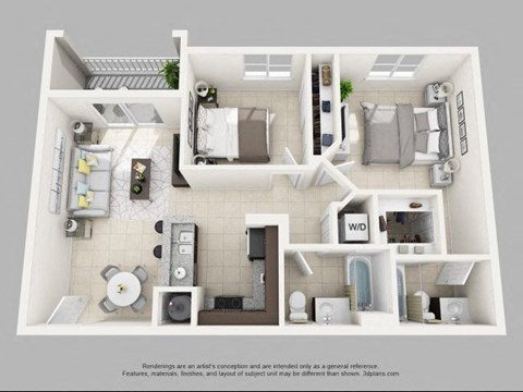 Floor plan for 2 beds, 2 baths, 850 sqft