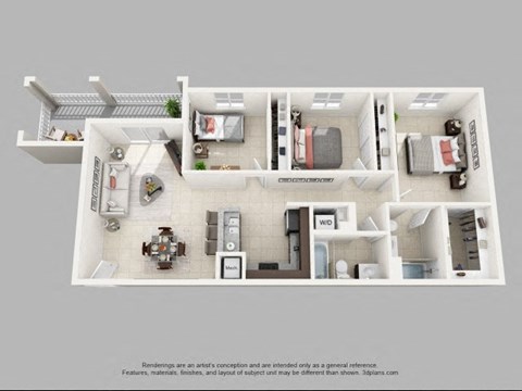 Floor plan for 3 beds, 2 baths, 1150 sqft