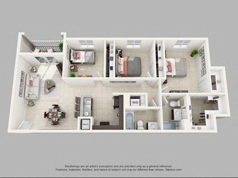 Floor plan for 3 beds, 2 baths, 1150 sqft