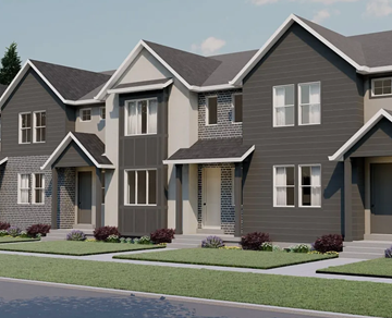 Mapleton house for rent - A modern two-story house with a grey exterior and white trim.
