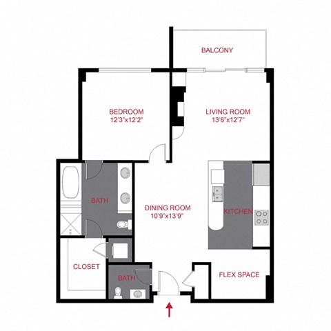 Floor plan for 1 bed, 1.5 baths, 945 sqft