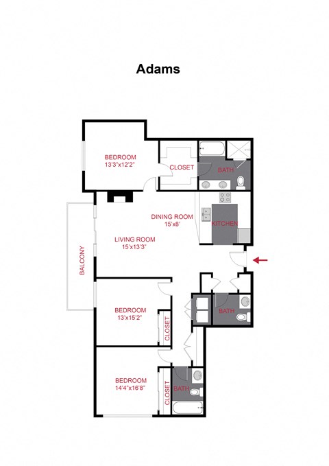 Floor plan for 3 beds, 2.5 baths, 1728 sqft