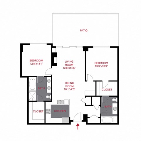 Floor plan for 2 beds, 2 baths, 1282 sqft