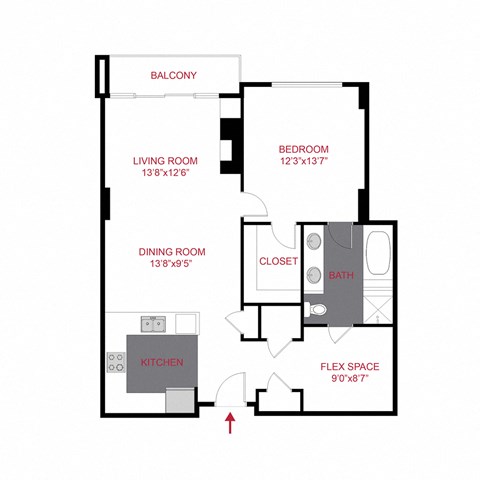 Floor plan for 1 bed, 1 bath, 945 sqft