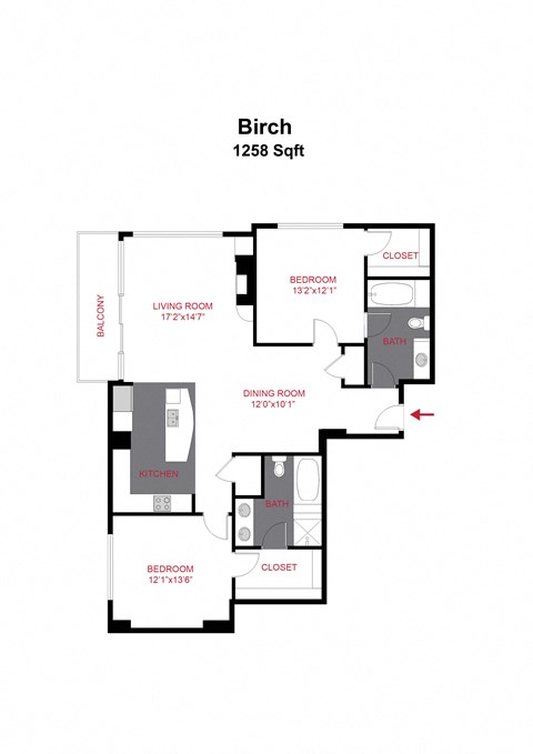 Floor plan for 2 beds, 2 baths, 1260 sqft