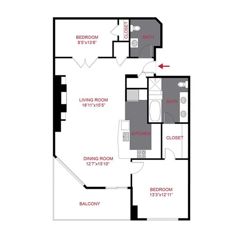 Floor plan for 1 bed, 1.5 baths, 1195 sqft