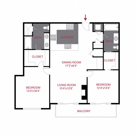 Floor plan for 2 beds, 2 baths, 1299 sqft