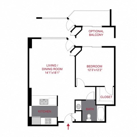 Floor plan for 1 bed, 1 bath, 769 sqft