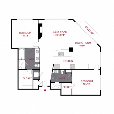 Floor plan for 2 beds, 2 baths, 1324 sqft