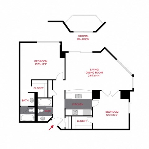 Floor plan for 2 beds, 1 bath, 1137 sqft
