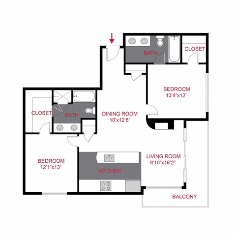 Floor plan for 2 beds, 2 baths, 1212 sqft