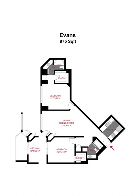 Floor plan for 2 beds, 2 baths, 995 sqft