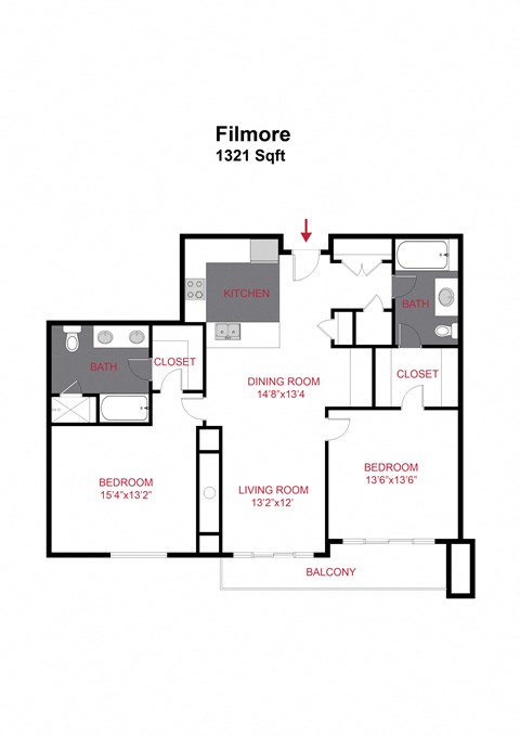 Floor plan for 2 beds, 2 baths, 1321 sqft