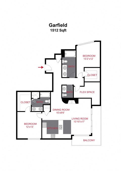 Floor plan for 2 beds, 2 baths, 1512 sqft