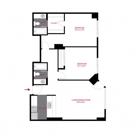 Floor plan for 2 beds, 2 baths, 1114 sqft